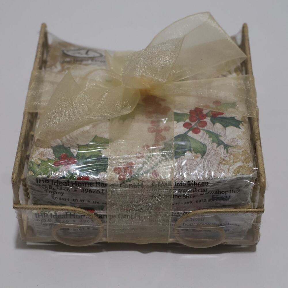 Ideal Home Cocktail Napkins Gold Caddy Holly Collage Christmas 40 Napkins NEW